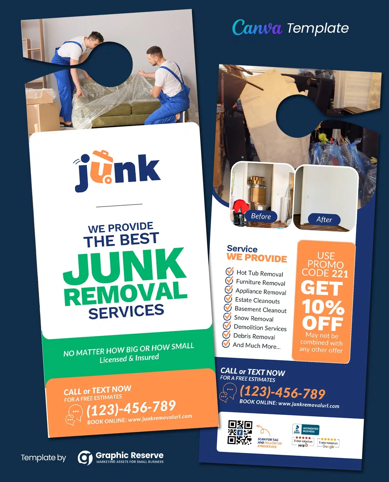 |Junk Removal Promotional Canva Door Hanger|Junk Removal Promotional Canva Flyer|Junk Removal Promotional Canva EDDM Mailer B|Junk Removal Promotional Canva EDDM Mailer F|Junk Removal Marketing Material Canva Bundle Design